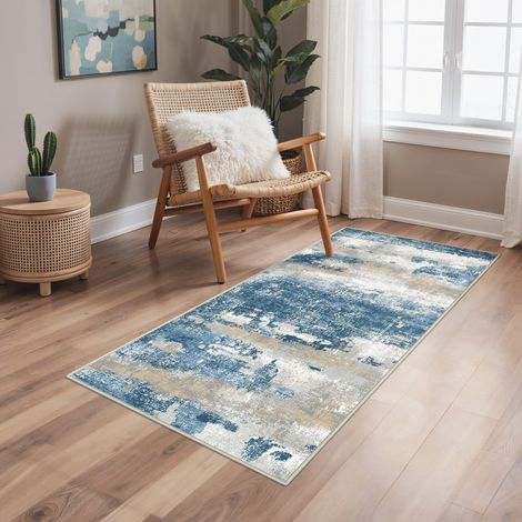 Tapis Salon Résumé Entree 80x150cm Lavable en Machine AntidéRapant Poil Ras, pour Chambre Salle a Manger Descente de Lit Bureau, Cuisine, Bleu et Gris (1/5)