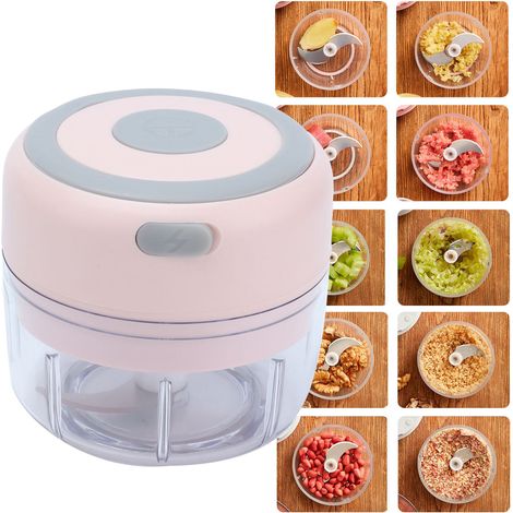 Presse-ail électrique sans fil à double lame 100 ml, broyeur d'ail, hachoir à ail, moulin à ail, rechargeable par USB, rose (1/5)