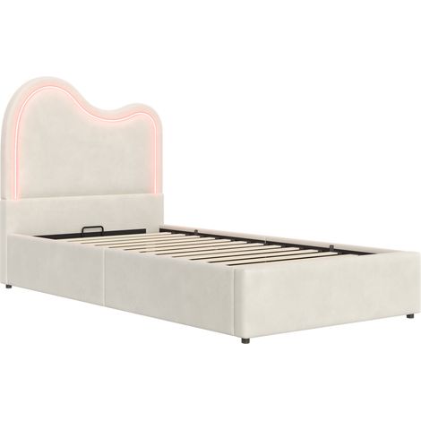 Cama infantil tapizada 90 x 200 cm con almacenaje, somier y cabecero de terciopelo beige (1/5)
