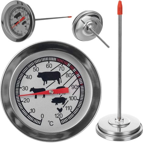 Termómetro para carne, de acero inoxidable, 14,5 cm de largo, rango de temperatura de 0 a 120 °C, pantalla analógica, apto para diversos tipos de carne. (1/5)