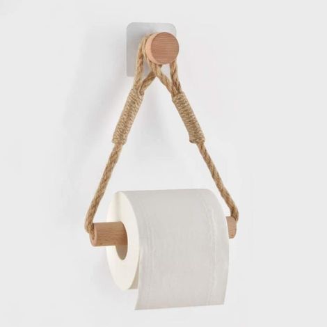 Support pour rouleau de papier toilette - Auto Adhésif - Corde de jute - Bois - Design rustique (1/4)