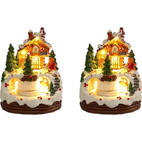 Weihnachtsspieluhr, Lebkuchenmann, verschneites Haus, Dekorationen mit LED-Lichtern, drehbare, musikalische Harzfiguren, 2 Stück (1/5)