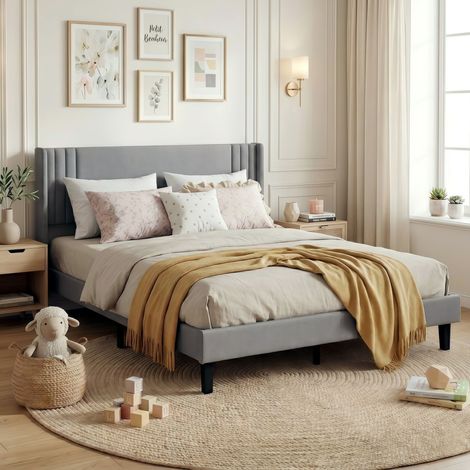 Cama doble 140x200 cm - Cama de matrimonio tapizada en tela de lino con cabecero acolchado y somier de láminas - Cama juvenil - Gris