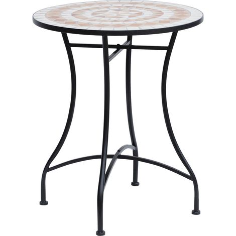 Table de jardin ronde en mosaïque céramique-blanc/orange-acier-Ø60cm-hauteur 71cm-60x60x71cm (1/5)