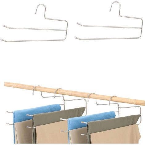 Set mit 6 platzsparenden Hosenbügeln, 2 Ebenen, multifunktional, 5 mm Edelstahl, für Jeans und Schals, silberfarben. (1/5)