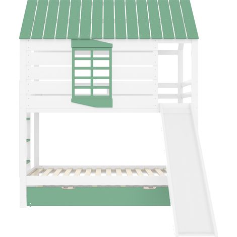 Letto a castello per bambini 90x200 con scivolo e letto estraibile, bianco e verde (1/5)