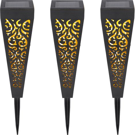Solarlampen 3er Set mit Erdspieß, Dekostanzungen Schwarz Gold, H.33cm (1/5)