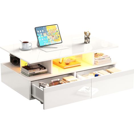 ELVMI Tavolino da Salotto con 2 Cassetti e Illuminazione LED, Finitura Lucida, per Soggiorno, Truciolare, Bianco (1/5)