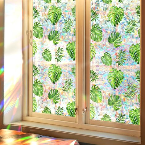 Film de confidentialité statique pour fenêtre - Arc-en-ciel 100x43cm - Feuilles de palmier vertes 3D - Décor prismatique - Résistant aux UV - Bloque le soleil - Décalcomanies et couvertures (1/5)
