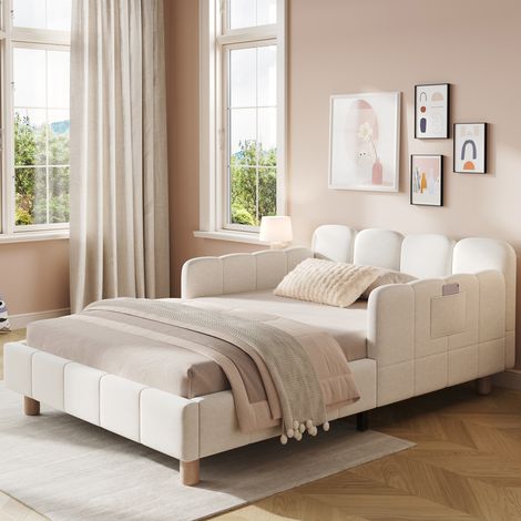 Lit enfant 90x200 cm, avec tête de lit rembourrée, barrières sécurité, pieds bois massif, design confortable et sécurisé, velours - beige