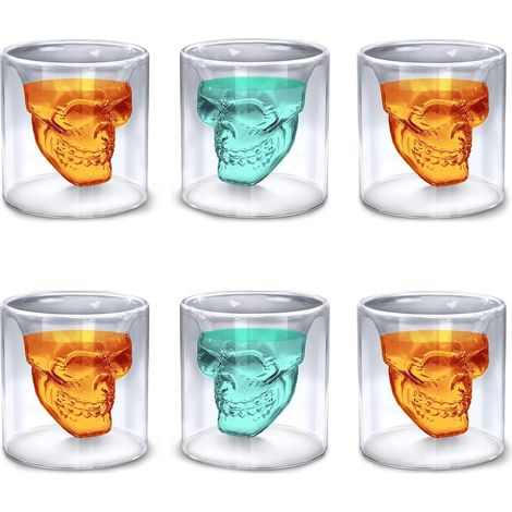 6 Pièces Verre à Whisky, Tête de Mort, Double Paroi, Verre Borosilicate, 25ML, pour Bar, Fête, Maison (1/5)