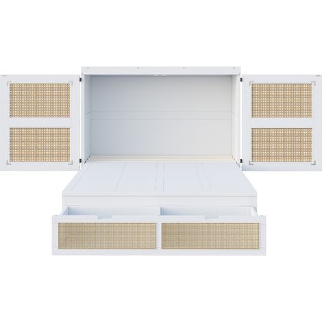 Cama abatible 140 x 200 cm con cajones de almacenaje, blanca, diseño ratán (1/5)