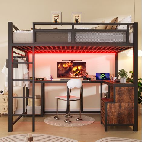 Metall-Hochbett 140x200 cm mit LED, USB, integriertem Schreibtisch und Stauraum, Schwarz (1/5)