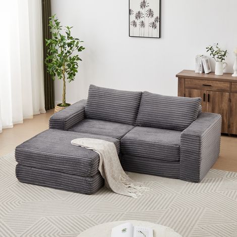 Divano letto modulare in velluto a coste grigio, con pouf mobile e braccioli quadrati, OKWISH (1/5)