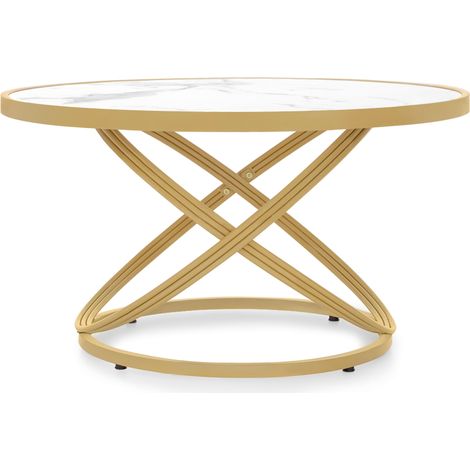BarberPub Couchtisch Rund Holz, Moderner Sofatisch, Kleiner Beistelltisch Metall, Kaffeetisch für Wohnzimmer, Schönheitssalon, Wohnzimmertisch Marmor-Weiß Gold, 80x80x45cm, 2175 (1/5)