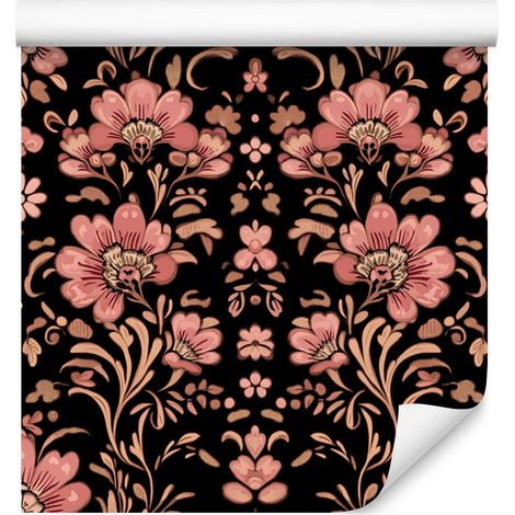 Papier peint fleuri aux tons rouille, noir et rouge pour salon et chambre 50x1000 (1/5)