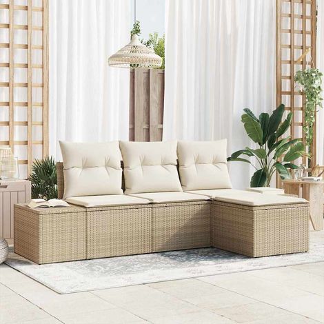 Garten-Sofa-Set mit Kissen 4 pcs Beige und Creme Poly-Rattan
