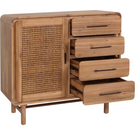 Kommode HHG-017, Schrank Sideboard Highboard, Staufächer Schublade, Rattan Akazie Massiv-Holz gebeizt 101x109x45cm 44kg