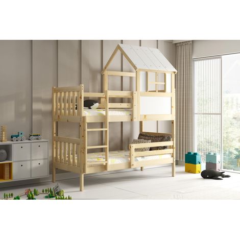 Lit superposé Cabane KACPER dim.matelas 97x195, dim.metelas 90x190 Bois Massif Naturel 2 Places Barrière de sécurité Sommier Séparable en 2 lits simples Sans matelas