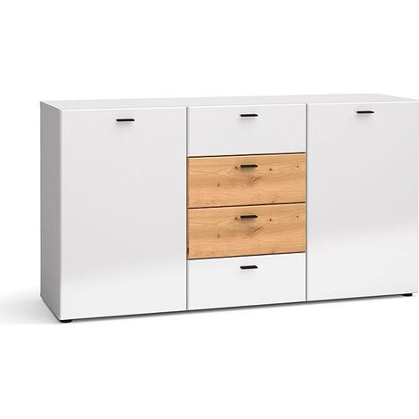 Mobile Comò soggiorno Mila buffet con 2A 4C cm150x40x81h bianco lucido rovere