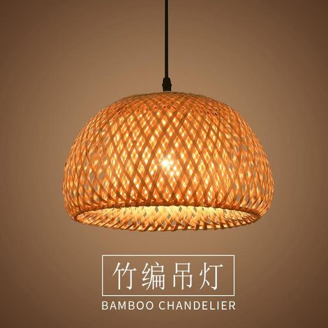Lustre en bambou tressé style pastoral américain, LED 12 W blanc chaud, 30 cm (base et câble noirs) (1/4)