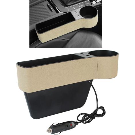 (Beige passager) Organiseur latéral de rangement pour console de siège auto avec 2 ports USB et porte-gobelet (1/5)