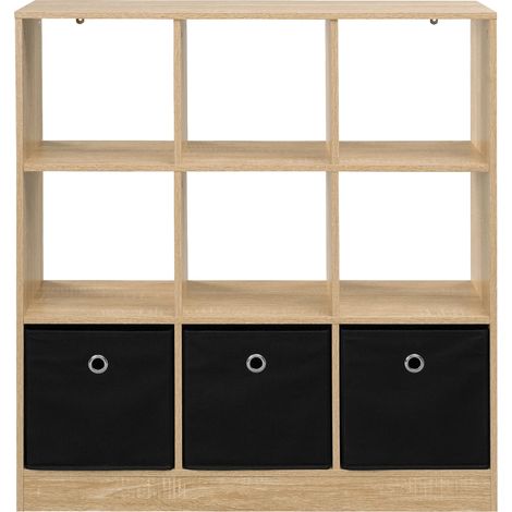 Scaffale con 3 cassetti in tessuto e vani aperti 80 x 86,5 x 30 cm rovere chiaro e nero (1/5)
