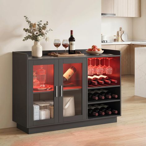 Noir - Mobilier de bar doté de lumières LED RGB et porte-bouteilles pour 12 bouteilles, buffet à vin pour salle à manger, salon
