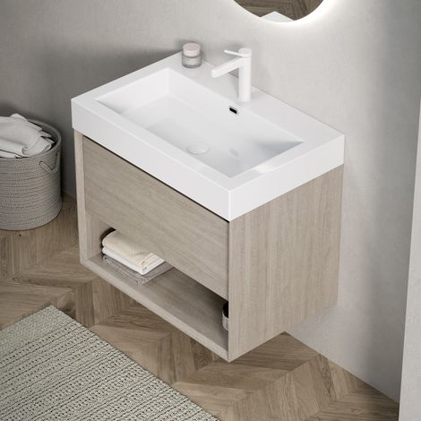 Meuble vasque mural 70x46x60 cm résine blanc et bois clair, rangement salle de bain – MEUBLIV (1/5)