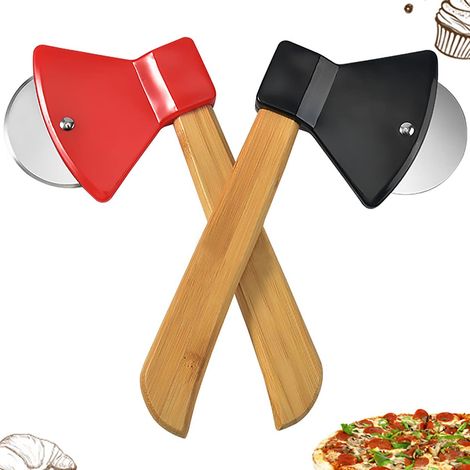Coupe-pizza en 2 parties, couteau à pizza en forme de hache en acier inoxydable avec manche en bambou et lame rotative tranchante, coupe-pizza et coupe-pizza rotatif pour tartes, biscuits, pain et gât (1/5)