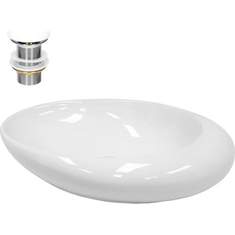 ECD Germany Lavabo per Bagno da Appoggio 585 x 375 x 145 mm in Ceramica Bianca incl. Piletta di Scarico per Lavandini senza Troppopieno Lavello Ovale Sanitari per Bagno