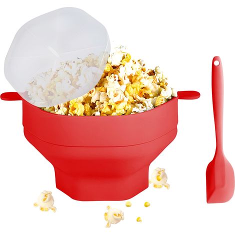 Ciotola per popcorn pieghevole in silicone con coperchio e manico, macchina per popcorn da microonde con strumento per mescolare (rosso)