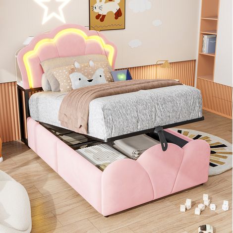 Polsterbett 90 x 200 cm mit LED, integrierten Steckdosen und Kopfteil-Stauraum, rosa HAVRYA (1/5)
