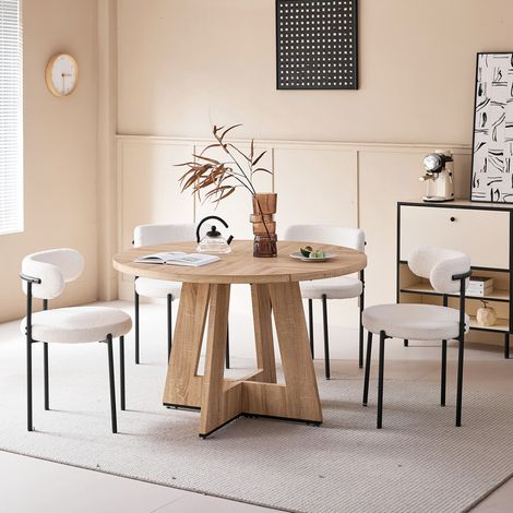 Wokaka Ensemble table et chaises – Table de salle à manger ronde en MDF de 120 cm – avec 4 chaises de rembourrées (blanches) – Ergonomique