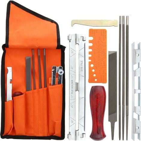 Kit d'affûtage de chaîne de tronçonneuse 10 pièces - Affûteuse universelle avec limes rondes, lime plate, manche et pochette de rangement (1/4)