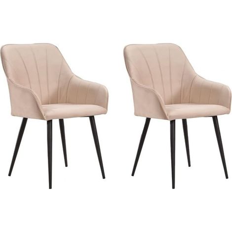 Lot de 2 chaises matelassées style fauteuil de salle à manger en velours beige avec des pieds en métal - Longueur 61,5 x Profondeur 57 x Hauteur 83 cm (1/4)