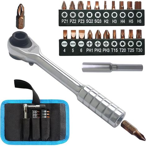 Clé à cliquet magnétique, tournevis à cliquet réversible 1/4 pouce, tournevis à cliquet avec Phillips, Fente, Torx, Hexagon, Carré, Pozidriv pour voitures, Vélos, Maisons, Bricolage (72 dents) (1/4)
