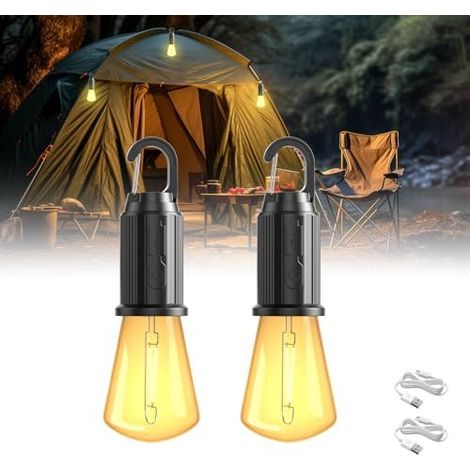 LED Campinglampe Aufladbar, Tragbare Camping Licht Glühbirne 2 Stück mit 3 Helligkeitsmodi, IP65 Wasserdicht, Wiederaufladbare Zeltlampe, Camping Zubehör für Outdoor, Notfall, Stromausfall