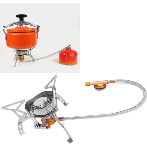 Mini estufa de gas con paravientos integrado y soporte para parrilla de pollo. (1/5)