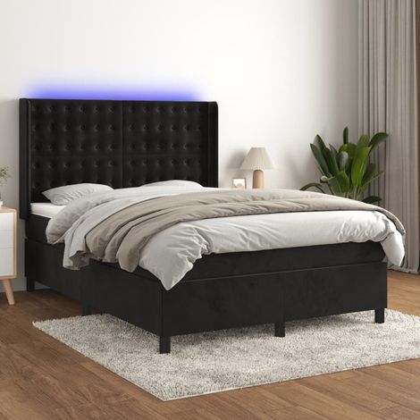 Sommier tapissier avec matelas et LED  Lit adulte Contemporain Noir 140x190 cm Velours 54165
