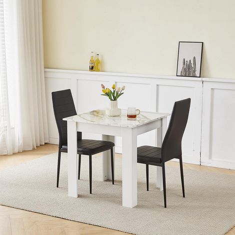 75x75cm Square Dining Table and Chairs Set, Small Dining Room Set High Gloss Dining Table with Chairs Home Furniture (Black Faux Leather, Marble-White Table with 2 Chairs)