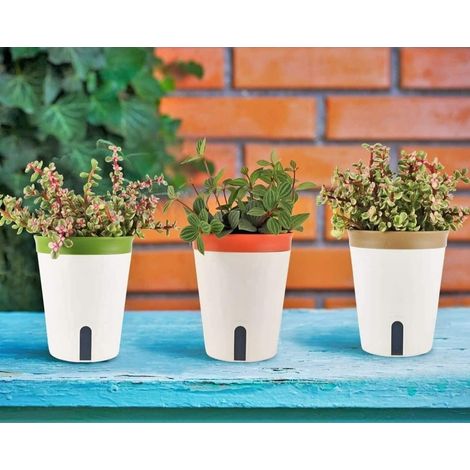 3 Pièces Pot de Fleurs à Arrosage Automatique, 14.5CM Rond Pot de Fleurs en Plastique  avec Fenêtre de Niveau d'eau et Plateau Caché (1/5)