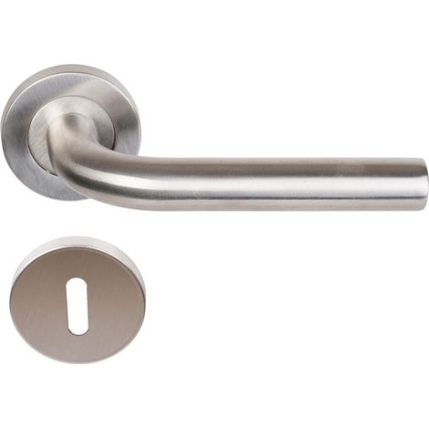 Coppia di Maniglie KLOSE Besser con Rosette, modello “Elsa” a L, in acciaio inox 304 +1 Coppia di rose con foro per la chiave