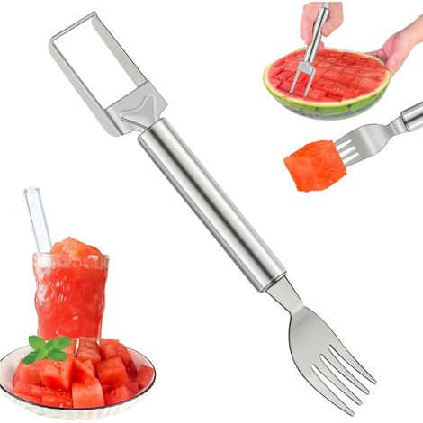 Coupe-pastèque et fourchette 2-en-1 – Outil de découpe en acier inoxydable pour pastèque, mangue et pitaya – Portable : idéal pour le camping, les pique-niques, la maison et les fêtes – Découpe en cub (1/5)