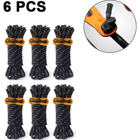 Lot de 6 haubans réfléchissants lumineux de 4 mm avec disque en aluminium pour tente, camping et randonnée (noir) (1/5)