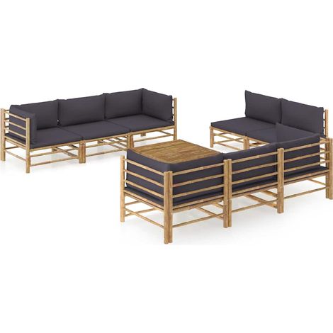 Salon de jardin 9 pcs Ensemble Table et Chaise de Jardin - avec coussins gris foncé Bambou BV790325 - BonneVie (1/5)