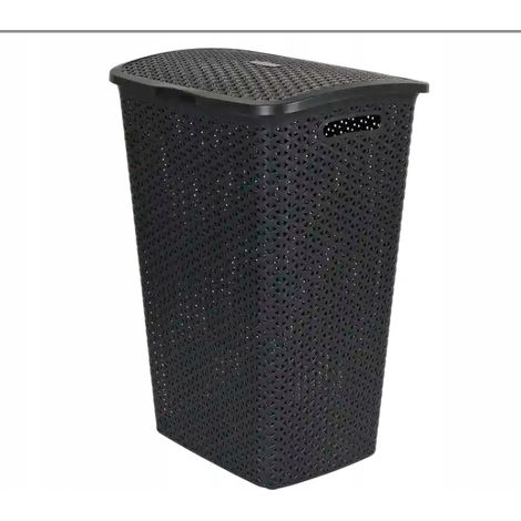 Cesto de ropa de ratán para baño con tapa, 70 l, grande, negro