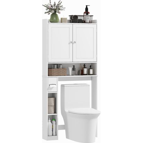 Badezimmerschrank für über Toilette oder Waschmaschine, 2 Türen, 3 Fächer, Toilettenpapierhalter, 80 x 19,5 x 170 cm, weiß