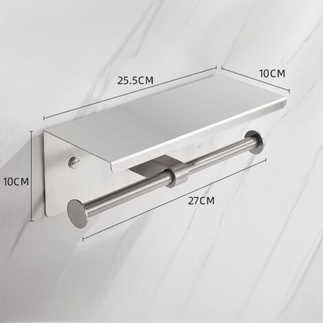 Support double pour papier toilette avec étagère, en nickel brossé, à fixer au mur.