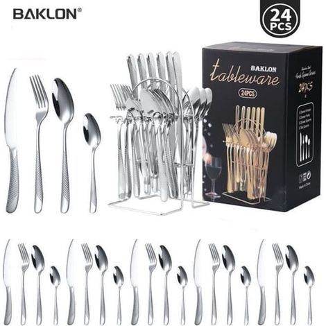 (Argent) Ménagère 24 pièces en acier inoxydable, pour 6 personnes, comprenant couteaux, fourchettes et cuillères, finition polie miroir. (1/4)